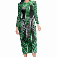 Aotearoa Ngati Maniapoto Long Sleeve Bodycon Dress Maori Tribal Green Paua Shell Pattern