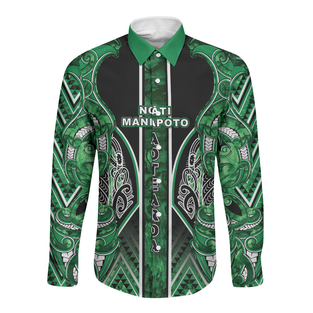 Aotearoa Ngati Maniapoto Long Sleeve Button Shirt Maori Tribal Green Paua Shell Pattern