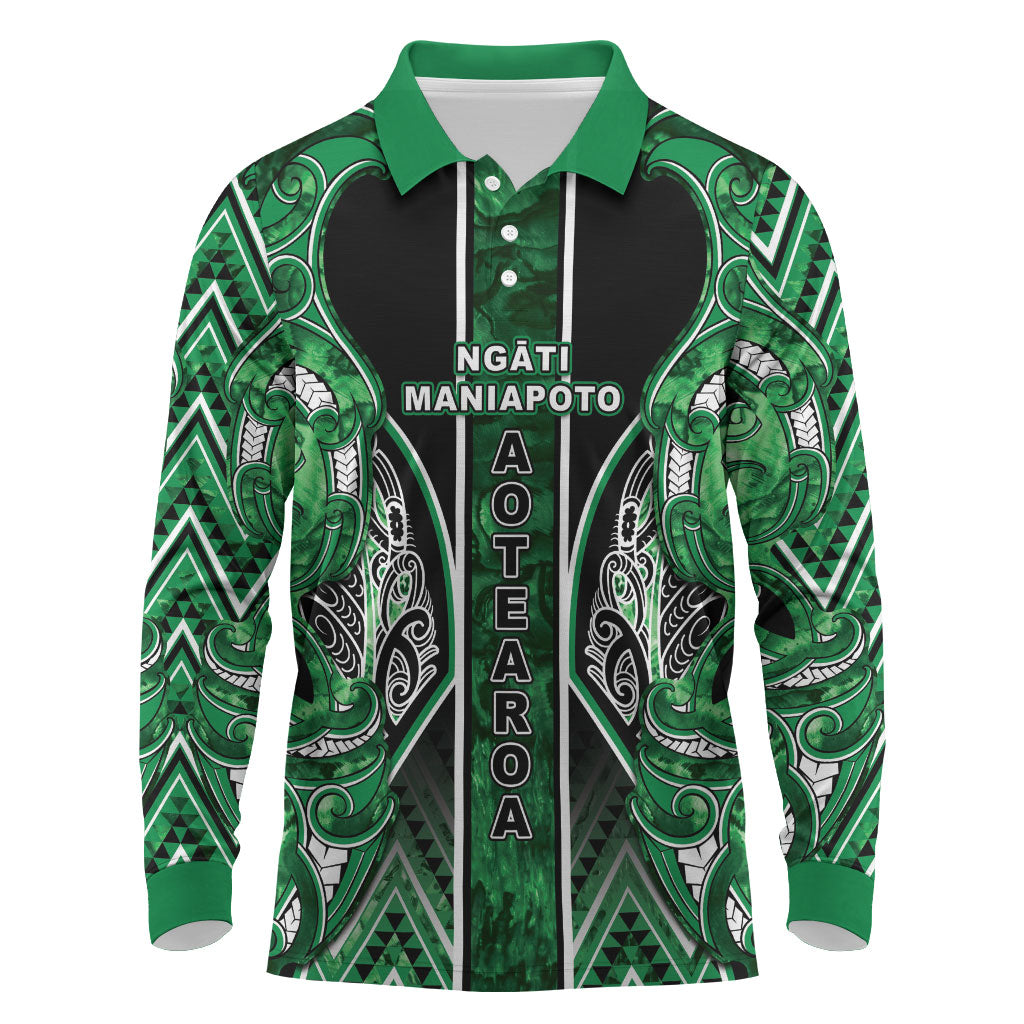 Aotearoa Ngati Maniapoto Long Sleeve Polo Shirt Maori Tribal Green Paua Shell Pattern
