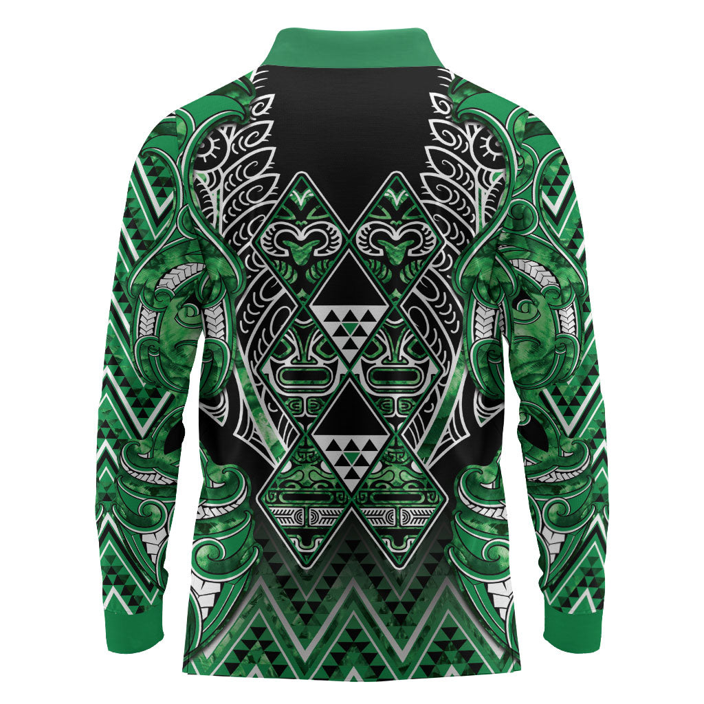 Aotearoa Ngati Maniapoto Long Sleeve Polo Shirt Maori Tribal Green Paua Shell Pattern