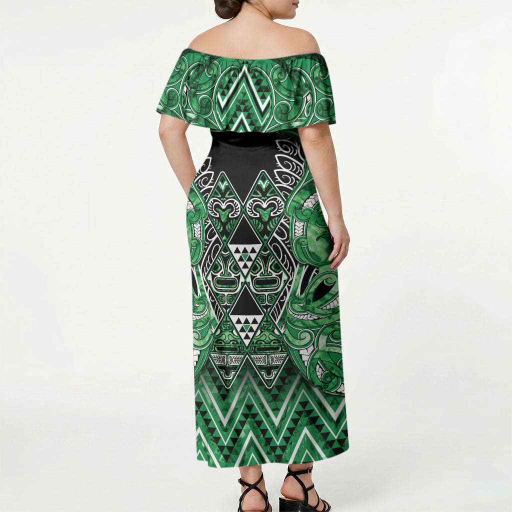 Aotearoa Ngati Maniapoto Off Shoulder Maxi Dress Maori Tribal Green Paua Shell Pattern