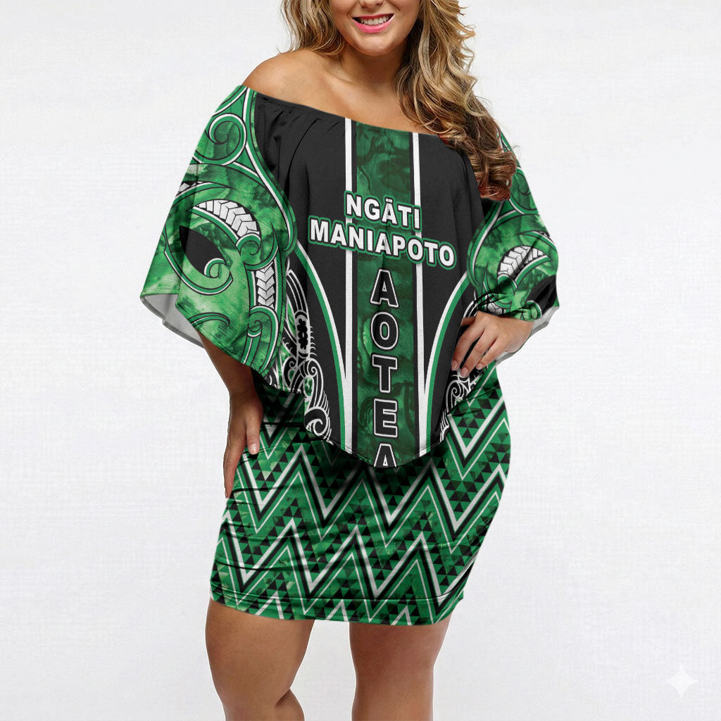 Aotearoa Ngati Maniapoto Off Shoulder Short Dress Maori Tribal Green Paua Shell Pattern