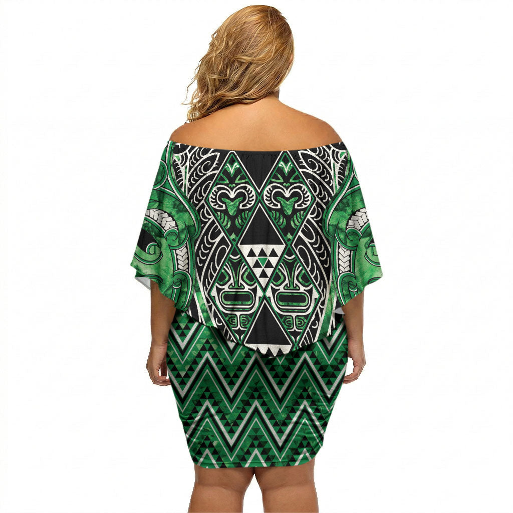 Aotearoa Ngati Maniapoto Off Shoulder Short Dress Maori Tribal Green Paua Shell Pattern