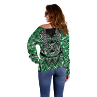Aotearoa Ngati Maniapoto Off Shoulder Sweater Maori Tribal Green Paua Shell Pattern