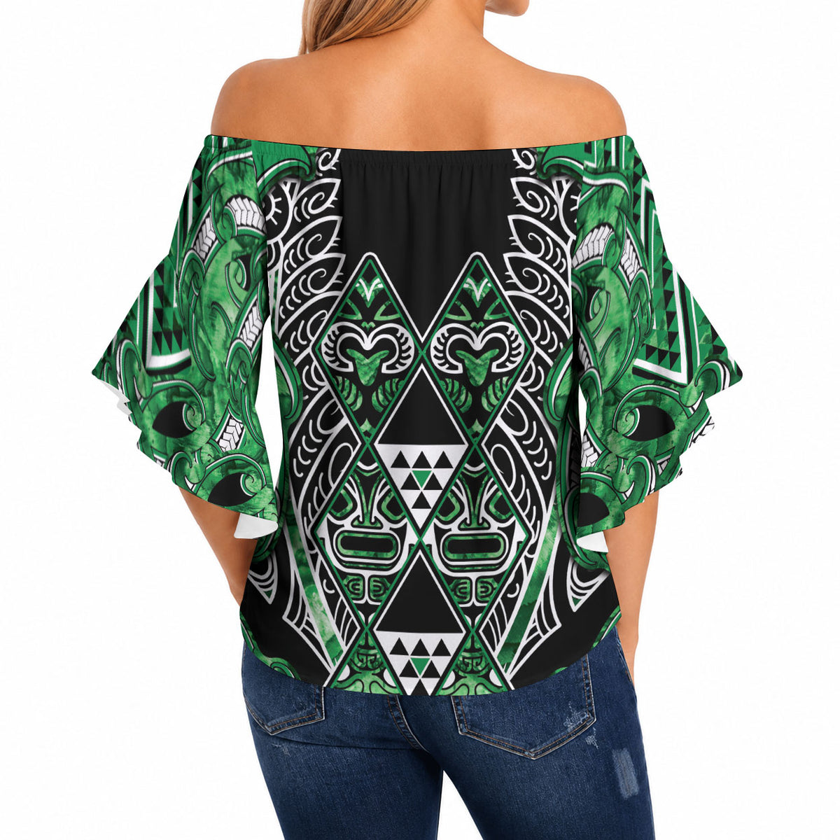Aotearoa Ngati Maniapoto Off Shoulder Wrap Waist Top Maori Tribal Green Paua Shell Pattern