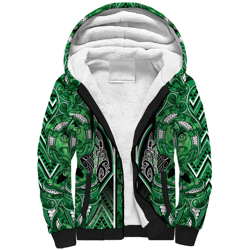 Aotearoa Ngati Maniapoto Sherpa Hoodie Maori Tribal Green Paua Shell Pattern