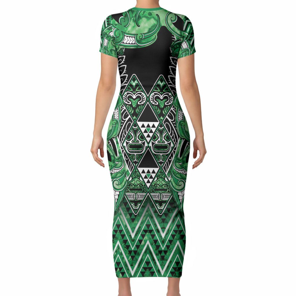 Aotearoa Ngati Maniapoto Short Sleeve Bodycon Dress Maori Tribal Green Paua Shell Pattern