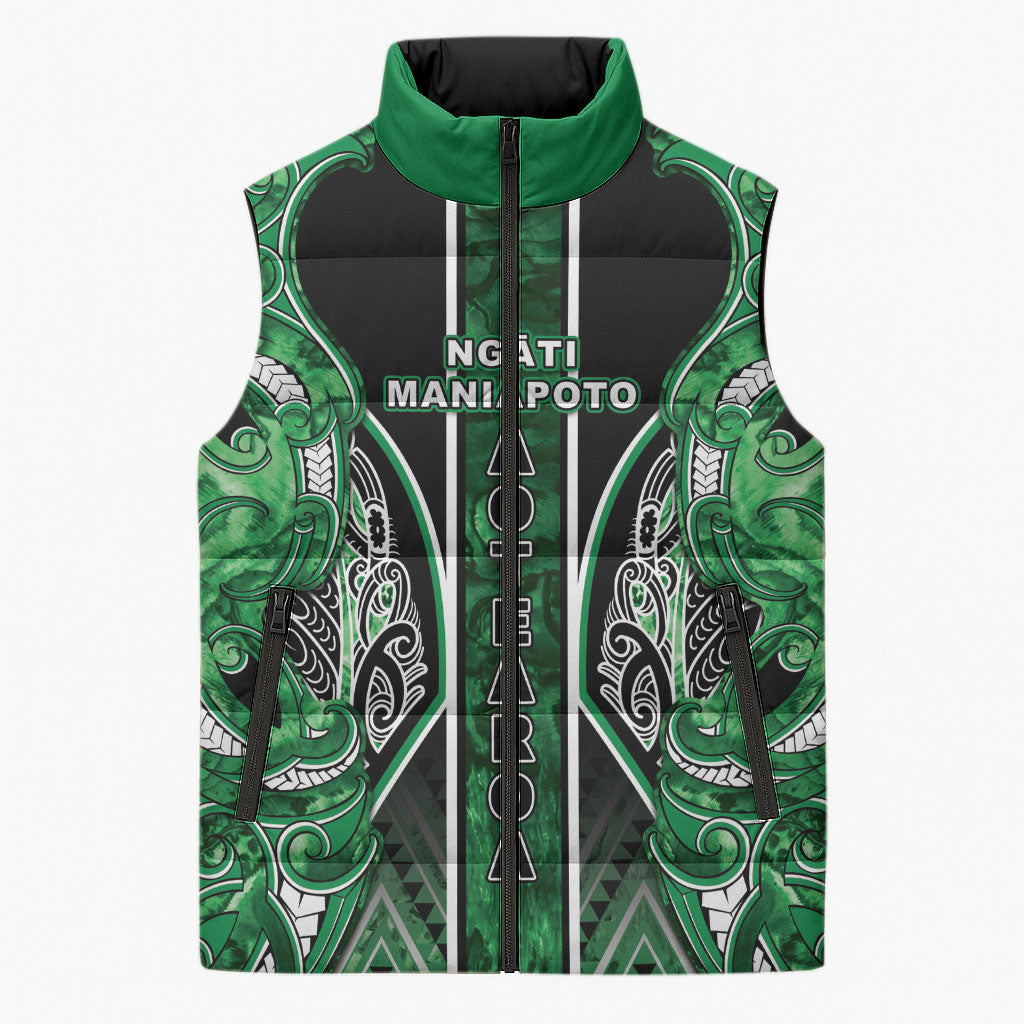 Aotearoa Ngati Maniapoto Sleeveless Puffer Jacket Maori Tribal Green Paua Shell Pattern