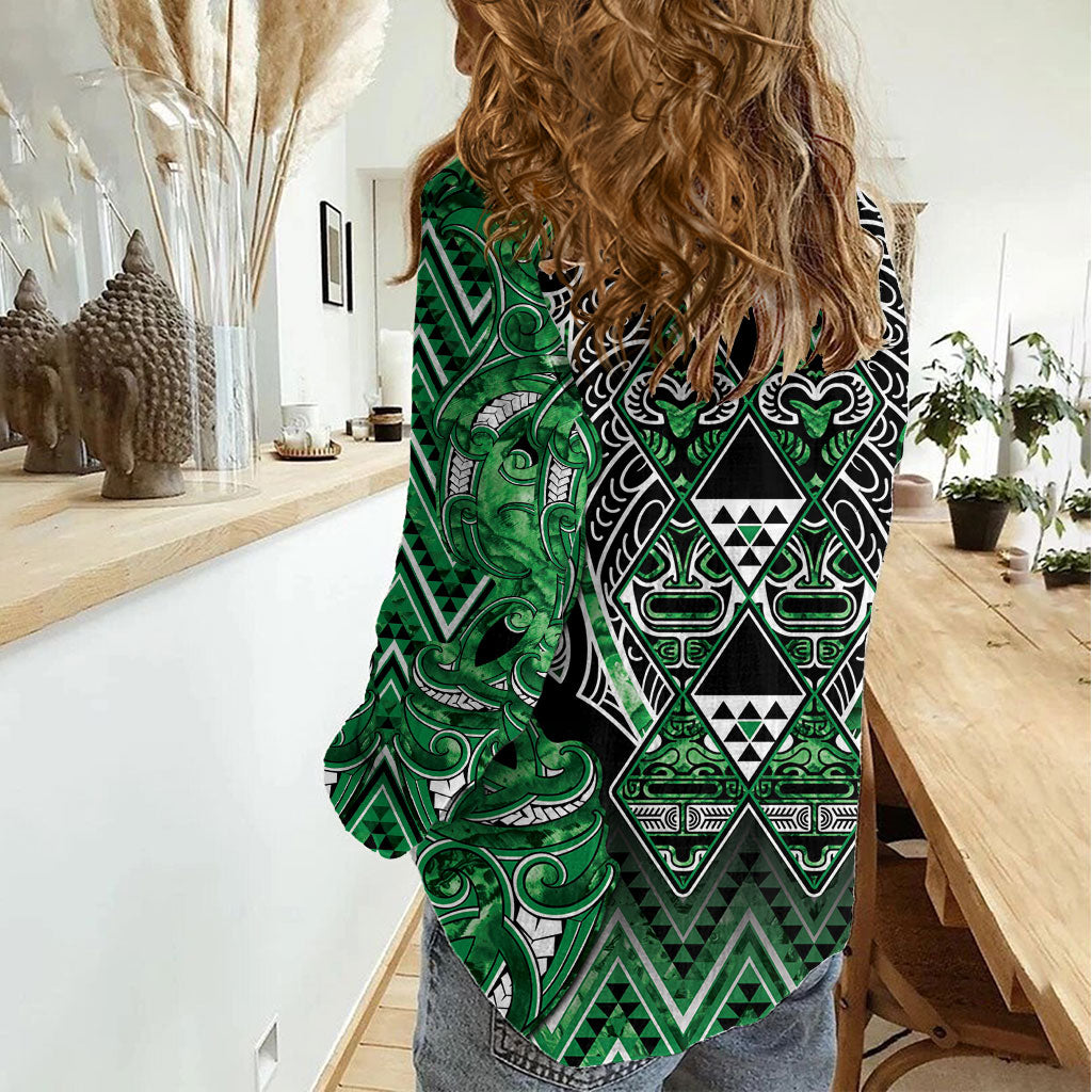 Aotearoa Ngati Maniapoto Women Casual Shirt Maori Tribal Green Paua Shell Pattern