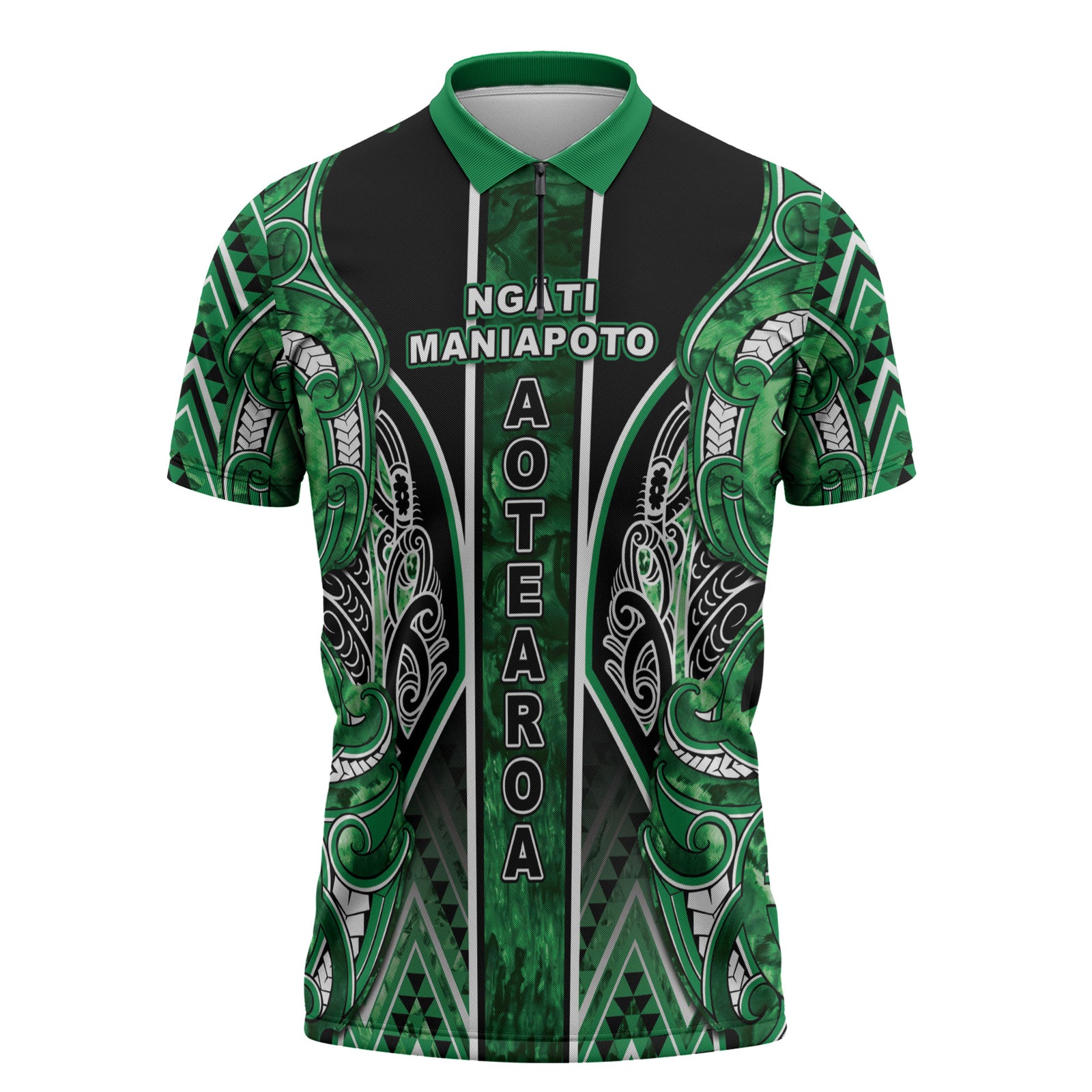 Aotearoa Ngati Maniapoto Zipper Polo Shirt Maori Tribal Green Paua Shell Pattern DT05 Green - Polynesian Pride