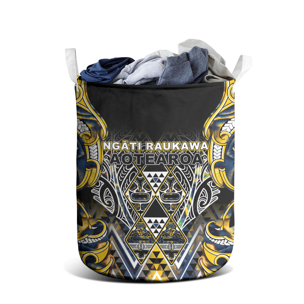 Aotearoa Ngati Raukawa Laundry Basket Maori Tribal Yellow And Navy Paua Shell Pattern
