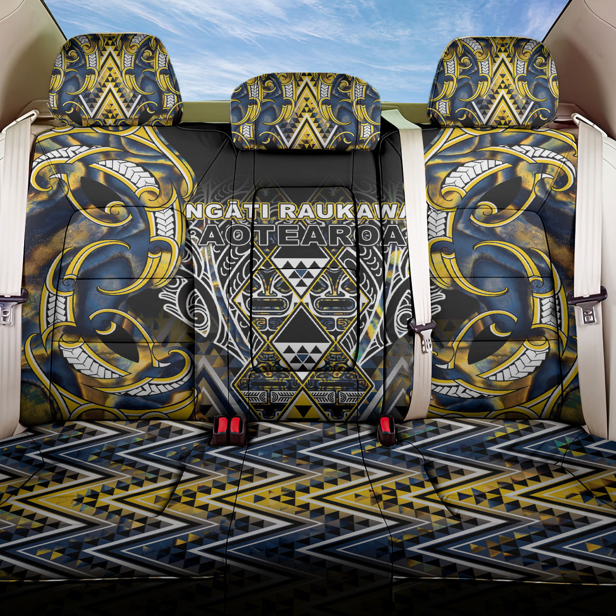 Aotearoa Ngati Raukawa Back Car Seat Cover Maori Tribal Yellow And Navy Paua Shell Pattern