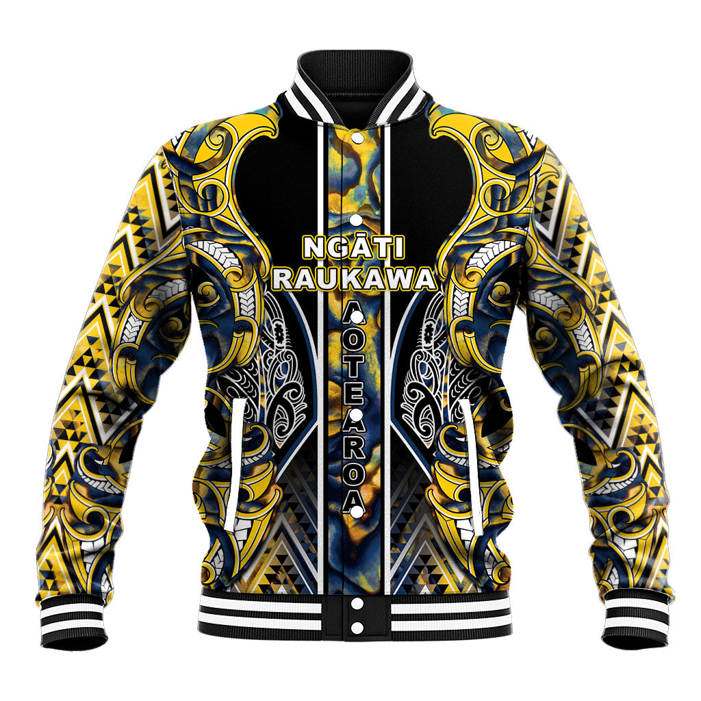 Aotearoa Ngati Raukawa Baseball Jacket Maori Tribal Yellow And Navy Paua Shell Pattern DT05 Unisex Yellow - Polynesian Pride