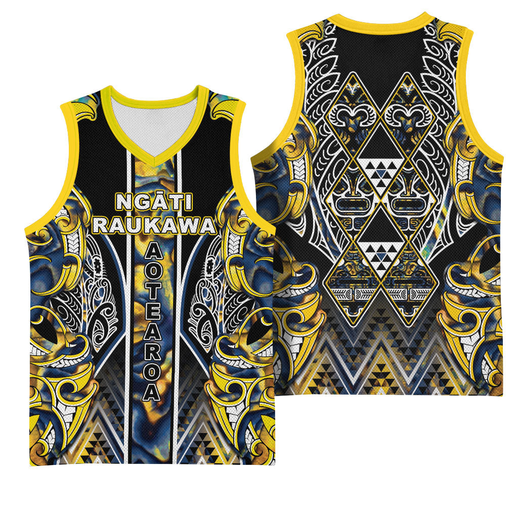 Aotearoa Ngati Raukawa Basketball Jersey Maori Tribal Yellow And Navy Paua Shell Pattern