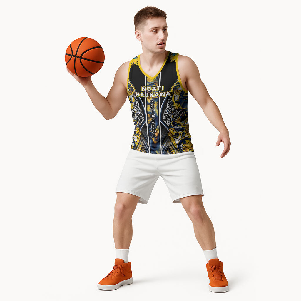 Aotearoa Ngati Raukawa Basketball Jersey Maori Tribal Yellow And Navy Paua Shell Pattern