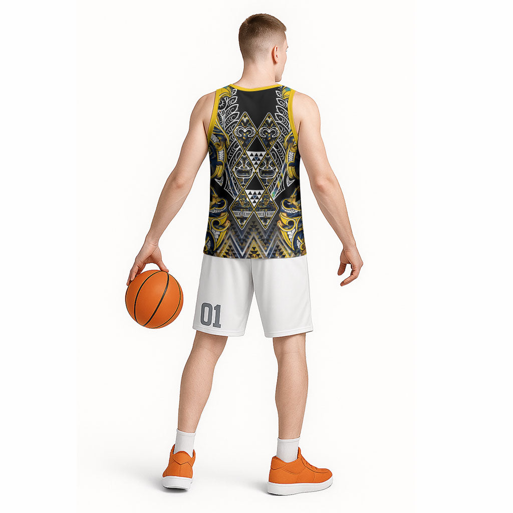 Aotearoa Ngati Raukawa Basketball Jersey Maori Tribal Yellow And Navy Paua Shell Pattern