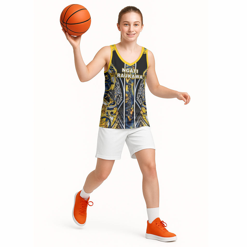 Aotearoa Ngati Raukawa Basketball Jersey Maori Tribal Yellow And Navy Paua Shell Pattern