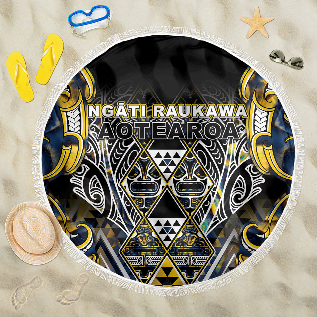 Aotearoa Ngati Raukawa Beach Blanket Maori Tribal Yellow And Navy Paua Shell Pattern