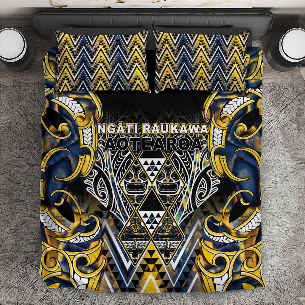 Aotearoa Ngati Raukawa Bedding Set Maori Tribal Yellow And Navy Paua Shell Pattern