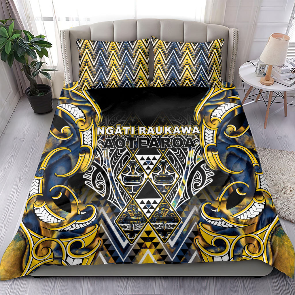 Aotearoa Ngati Raukawa Bedding Set Maori Tribal Yellow And Navy Paua Shell Pattern