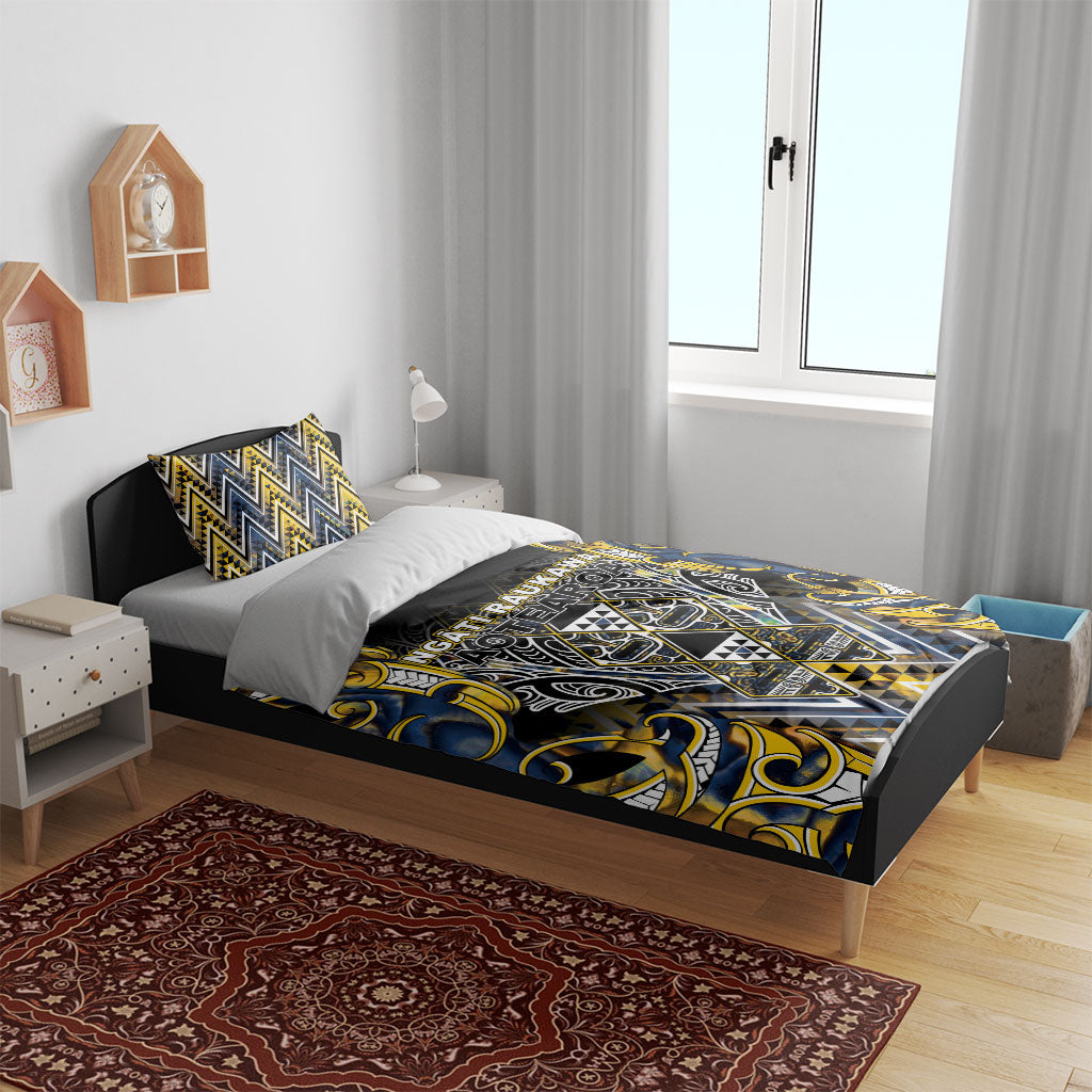 Aotearoa Ngati Raukawa Bedding Set Maori Tribal Yellow And Navy Paua Shell Pattern