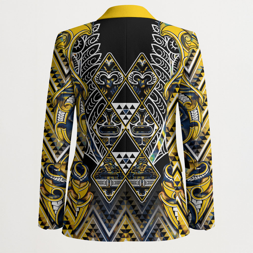 Aotearoa Ngati Raukawa Blazer Maori Tribal Yellow And Navy Paua Shell Pattern