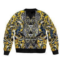Aotearoa Ngati Raukawa Bomber Jacket Maori Tribal Yellow And Navy Paua Shell Pattern