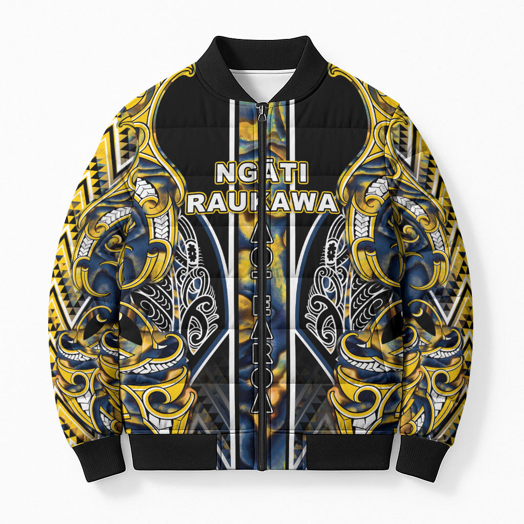 Aotearoa Ngati Raukawa Bomber Puffer Jacket Maori Tribal Yellow And Navy Paua Shell Pattern DT05 Unisex Yellow - Polynesian Pride