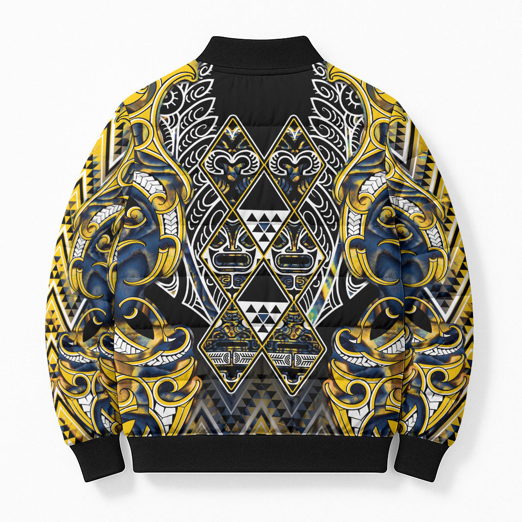 Aotearoa Ngati Raukawa Bomber Puffer Jacket Maori Tribal Yellow And Navy Paua Shell Pattern