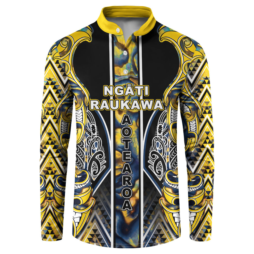 Aotearoa Ngati Raukawa Button Sweatshirt Maori Tribal Yellow And Navy Paua Shell Pattern DT05 Yellow - Polynesian Pride