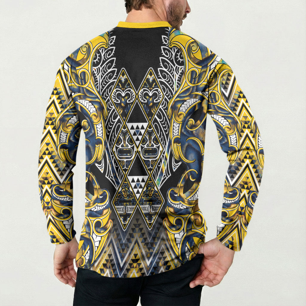 Aotearoa Ngati Raukawa Button Sweatshirt Maori Tribal Yellow And Navy Paua Shell Pattern