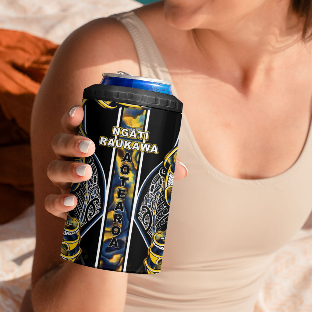 Aotearoa Ngati Raukawa 4 in 1 Can Cooler Tumbler Maori Tribal Yellow And Navy Paua Shell Pattern