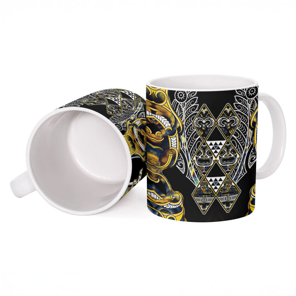 Aotearoa Ngati Raukawa Ceramic Mug Maori Tribal Yellow And Navy Paua Shell Pattern