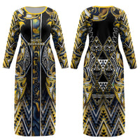 Aotearoa Ngati Raukawa Couples Matching Long Sleeve Bodycon Dress and Long Sleeve Button Shirt Maori Tribal Yellow And Navy Paua Shell Pattern