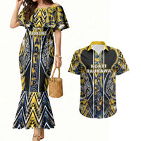 Aotearoa Ngati Raukawa Couples Matching Mermaid Dress and Hawaiian Shirt Maori Tribal Yellow And Navy Paua Shell Pattern