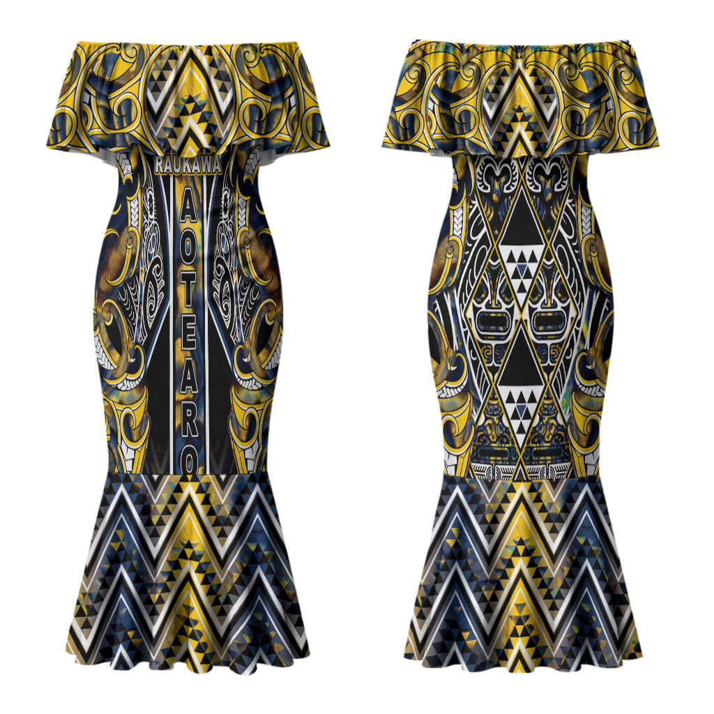 Aotearoa Ngati Raukawa Couples Matching Mermaid Dress and Hawaiian Shirt Maori Tribal Yellow And Navy Paua Shell Pattern
