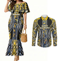 Aotearoa Ngati Raukawa Couples Matching Mermaid Dress and Long Sleeve Button Shirt Maori Tribal Yellow And Navy Paua Shell Pattern