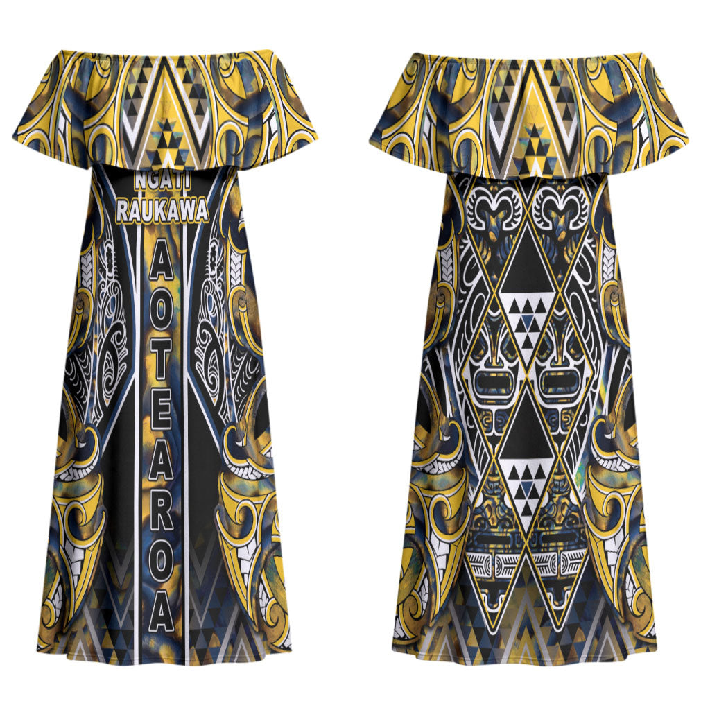 Aotearoa Ngati Raukawa Couples Matching Off Shoulder Maxi Dress and Hawaiian Shirt Maori Tribal Yellow And Navy Paua Shell Pattern