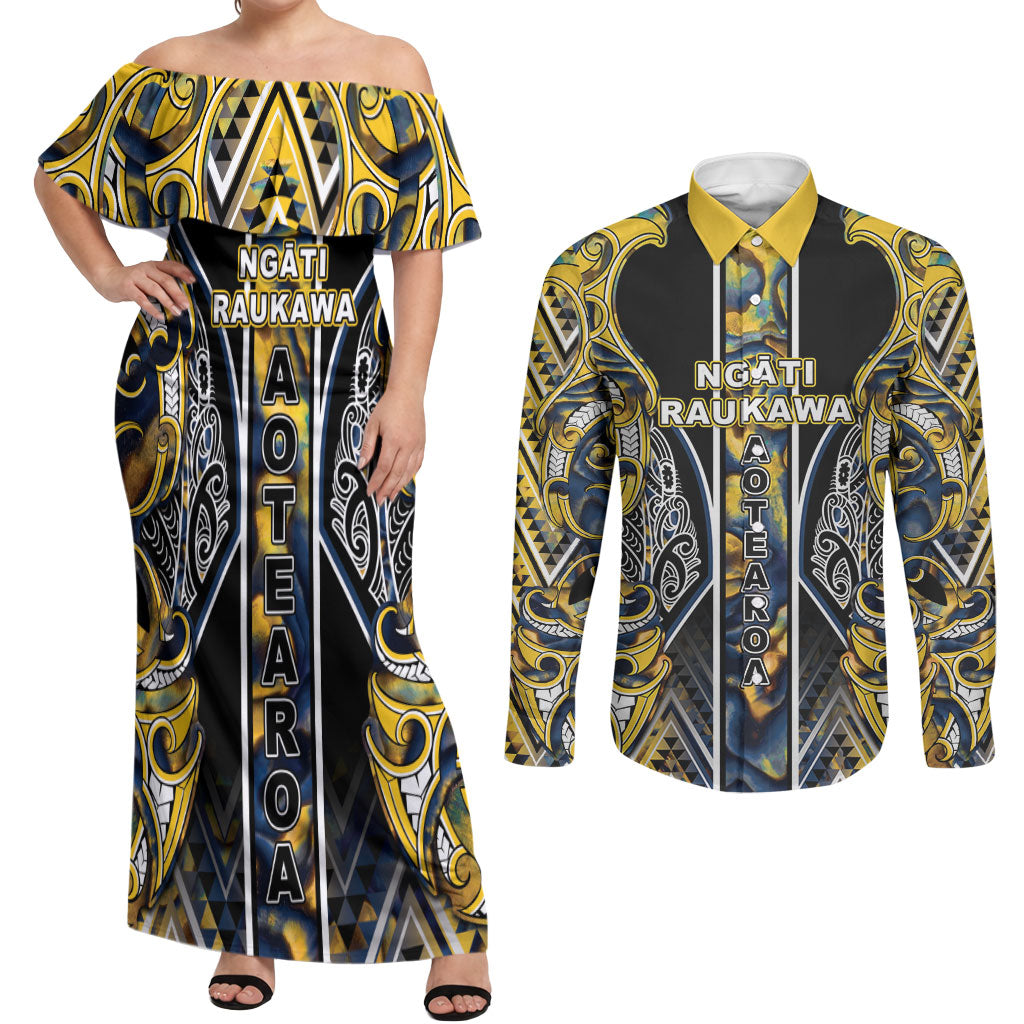 Aotearoa Ngati Raukawa Couples Matching Off Shoulder Maxi Dress and Long Sleeve Button Shirt Maori Tribal Yellow And Navy Paua Shell Pattern DT05 Yellow - Polynesian Pride