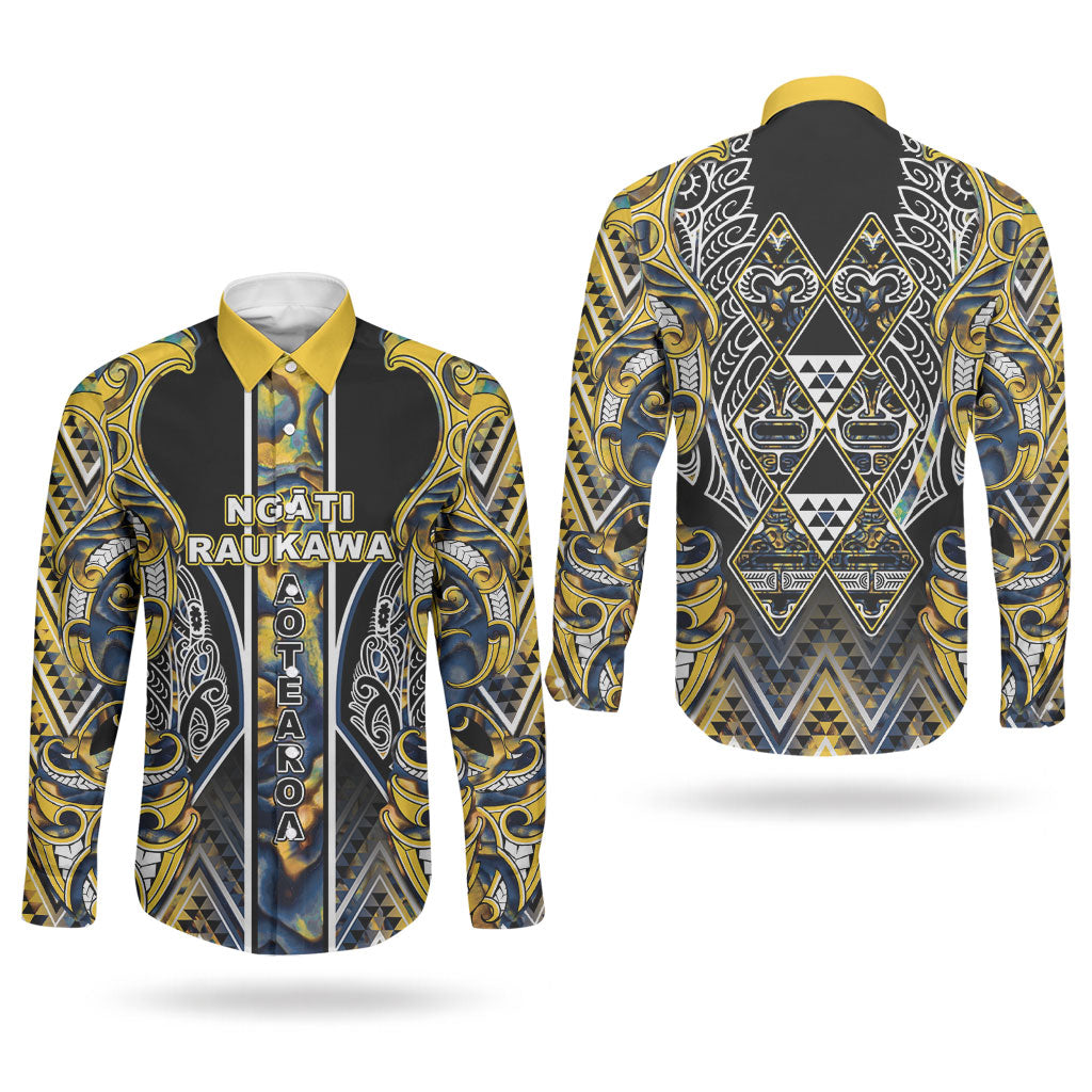 Aotearoa Ngati Raukawa Couples Matching Off Shoulder Maxi Dress and Long Sleeve Button Shirt Maori Tribal Yellow And Navy Paua Shell Pattern