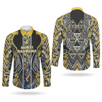 Aotearoa Ngati Raukawa Couples Matching Off Shoulder Maxi Dress and Long Sleeve Button Shirt Maori Tribal Yellow And Navy Paua Shell Pattern