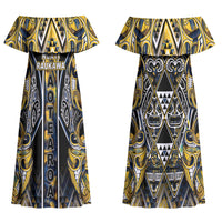 Aotearoa Ngati Raukawa Couples Matching Off Shoulder Maxi Dress and Long Sleeve Button Shirt Maori Tribal Yellow And Navy Paua Shell Pattern