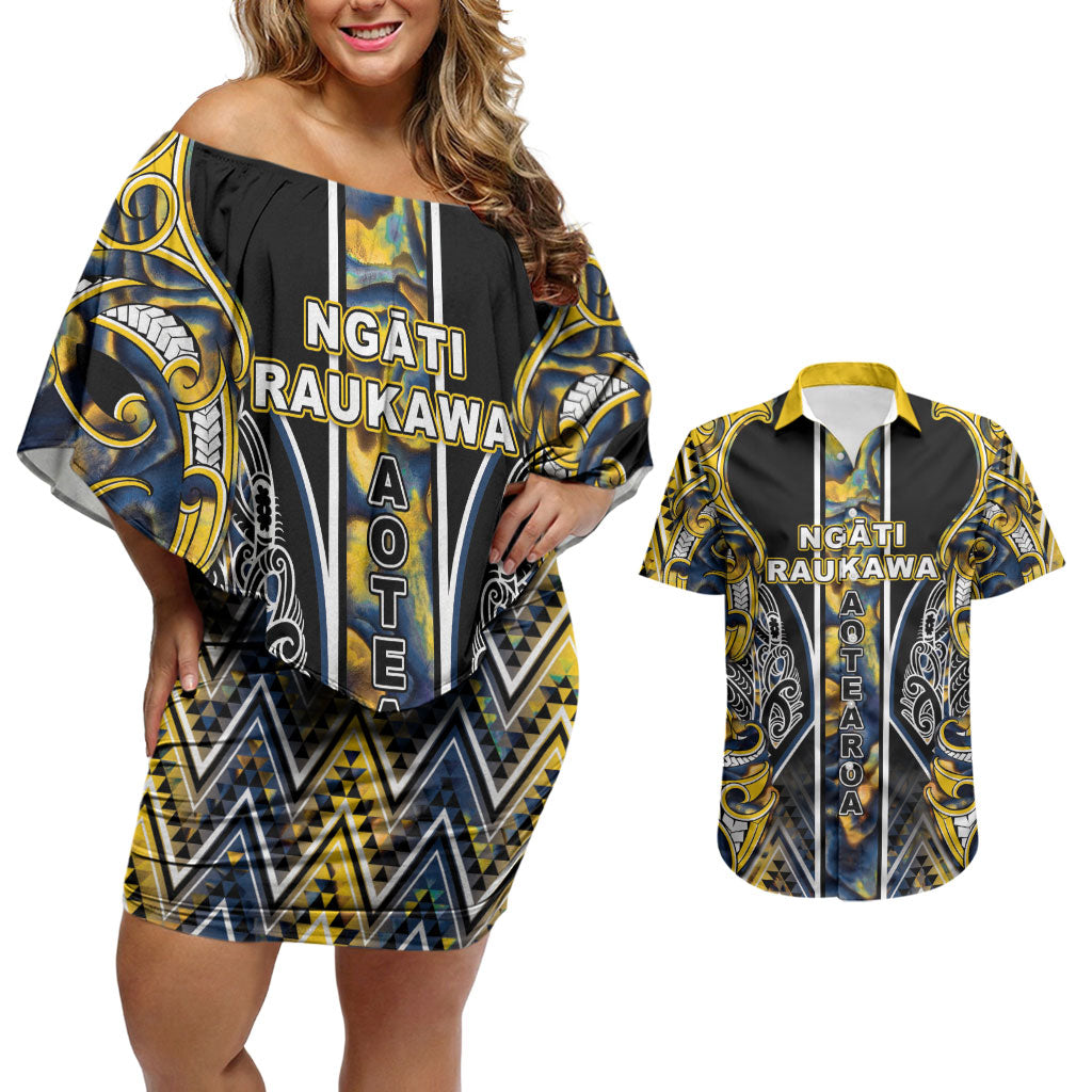 Aotearoa Ngati Raukawa Couples Matching Off Shoulder Short Dress and Hawaiian Shirt Maori Tribal Yellow And Navy Paua Shell Pattern