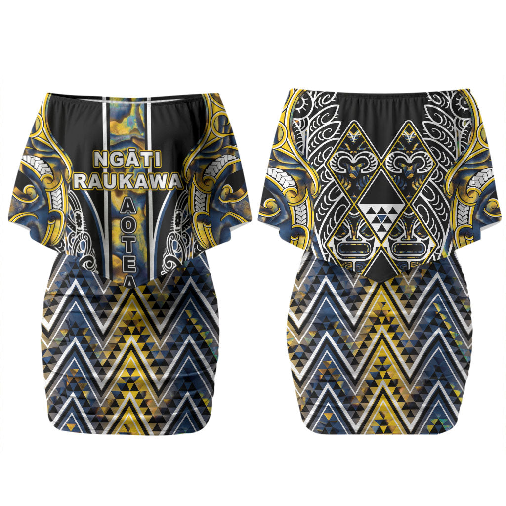 Aotearoa Ngati Raukawa Couples Matching Off Shoulder Short Dress and Hawaiian Shirt Maori Tribal Yellow And Navy Paua Shell Pattern