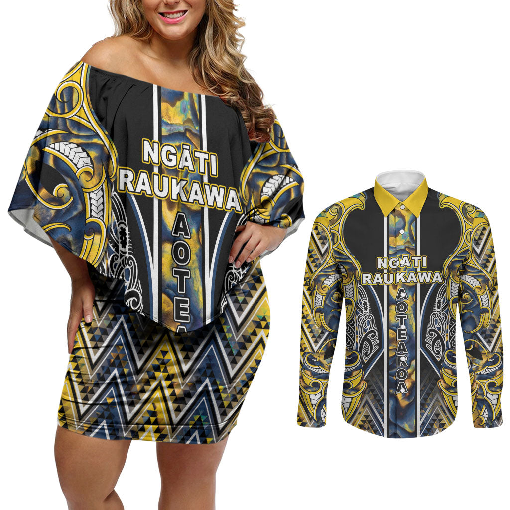 Aotearoa Ngati Raukawa Couples Matching Off Shoulder Short Dress and Long Sleeve Button Shirt Maori Tribal Yellow And Navy Paua Shell Pattern
