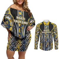 Aotearoa Ngati Raukawa Couples Matching Off Shoulder Short Dress and Long Sleeve Button Shirt Maori Tribal Yellow And Navy Paua Shell Pattern