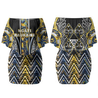 Aotearoa Ngati Raukawa Couples Matching Off Shoulder Short Dress and Long Sleeve Button Shirt Maori Tribal Yellow And Navy Paua Shell Pattern