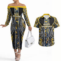 Aotearoa Ngati Raukawa Couples Matching Off The Shoulder Long Sleeve Dress and Hawaiian Shirt Maori Tribal Yellow And Navy Paua Shell Pattern