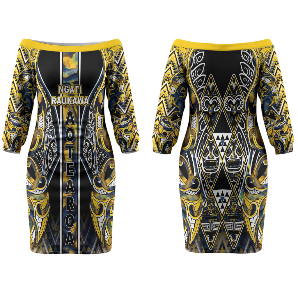Aotearoa Ngati Raukawa Couples Matching Off The Shoulder Long Sleeve Dress and Hawaiian Shirt Maori Tribal Yellow And Navy Paua Shell Pattern