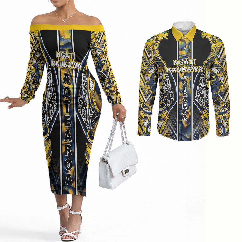 Aotearoa Ngati Raukawa Couples Matching Off The Shoulder Long Sleeve Dress and Long Sleeve Button Shirt Maori Tribal Yellow And Navy Paua Shell Pattern